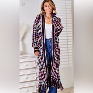 New Multicolor black long bohemian cardigan coat with fringes size s/m